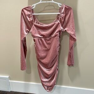 NWT pink velvet mini dress square neck long sleeves scrunch sides size small new